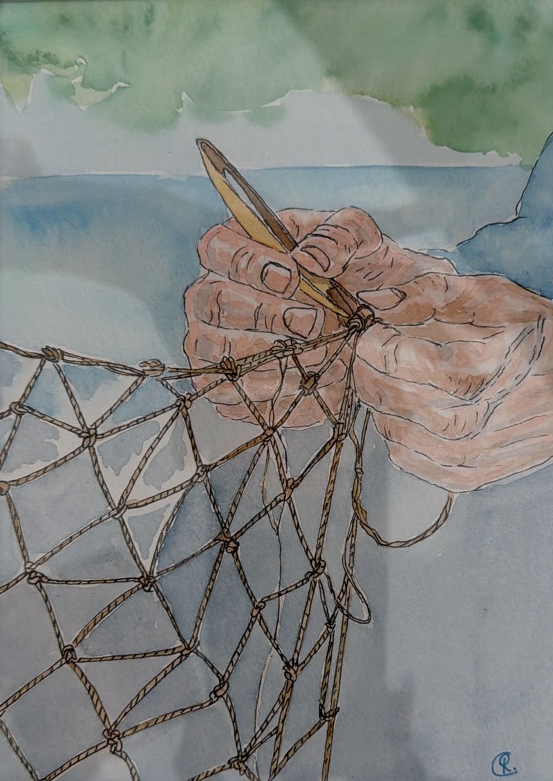 Acquerello di Chiara Romanelli: mani di pescatore che rammendano una rete